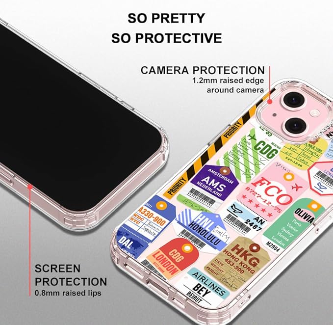 MOSNOVO Case for iPhone 15 Plus/iPhone 14 Plus, [Buffertech 6.6ft Military-Grade Drop Protection] [Anti Peel Off Tech] Clear TPU Bumper Phone Case Cover Design - Air Ticket Labels