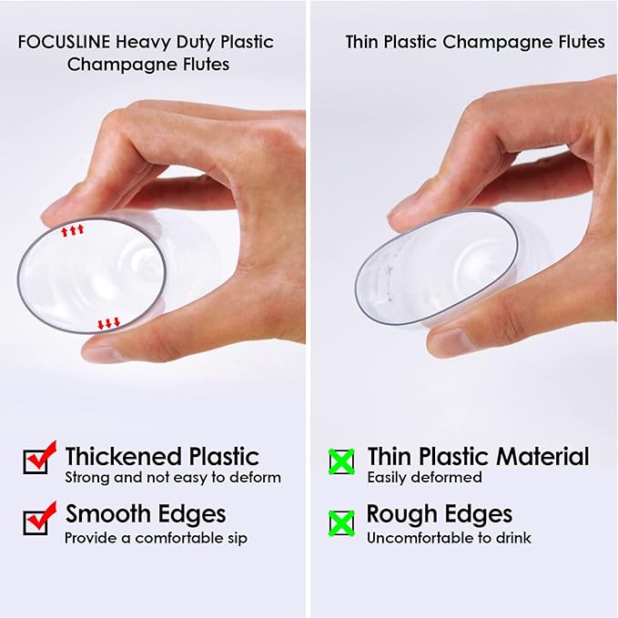 FOCUSLINE 24 Pack 9 Oz Clear Plastic Champagne Flutes, Stemless Plastic Champagne Glasses Clear, Heavy Duty Toasting Glasses, Shatterproof and Disposable Cups Perfect For Any Party