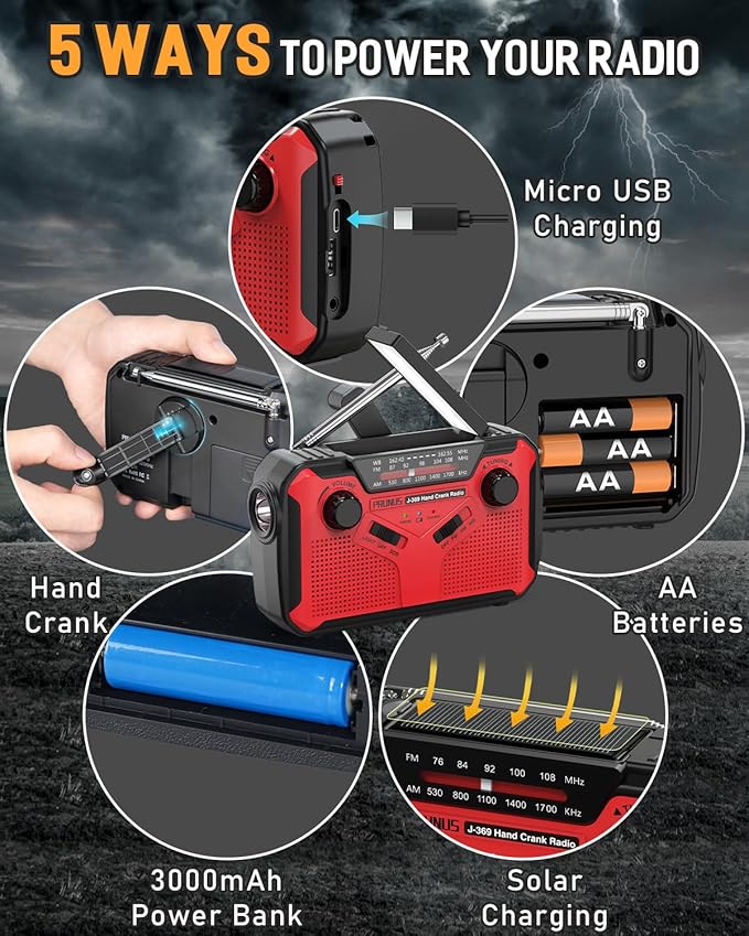 PRUNUS J-369 11100mWh Emergency Weather Radio, AA Batteries/Hand Crank/Solar/USB Charging, NOAA/AM/FM, LED Flashlight and Reading Lamp,SOS Alarm & Flashlight Portable