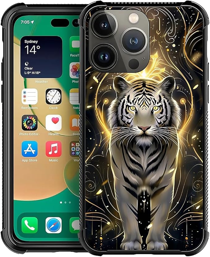 for iPhone 14 Pro Max Case, White Tiger Golden Mystery Pattern Graphic Design Girl Boy Soft Silicone Hard Acrylic Shock Protection for iPhone 14 Pro Max