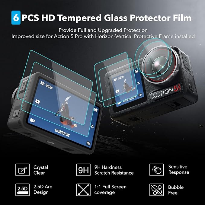 OSMO Action 5 Pro Accessories, PU Portable Mini Carrying Bag Case, Lens Screen Protectors (6 Pack) Comatible with DJI Osmo Action 5 Pro, Rubber Lens Cap Cover for DJI Action Camera