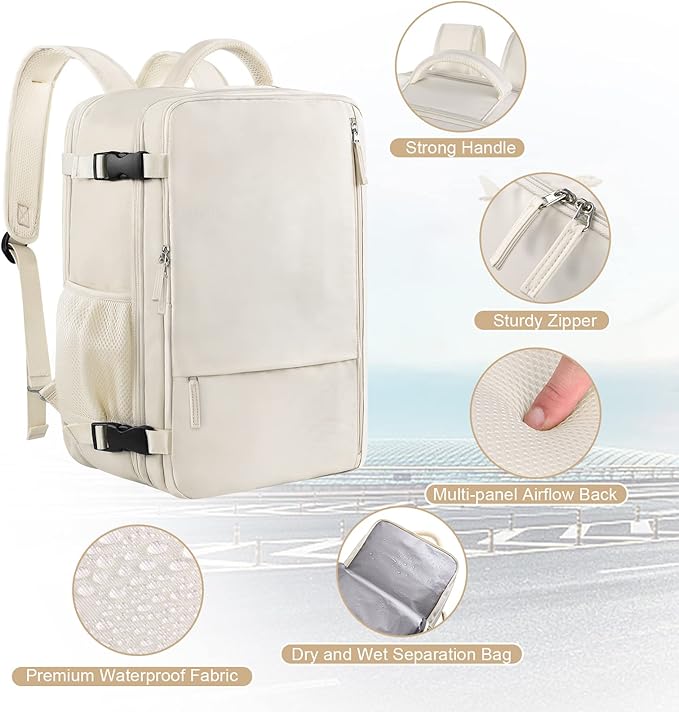 Sinaliy Travel Backpack for Women, Expandable 40L Carry on Flight Approved Backpack, 17 Inch Laptop Waterproof Travel Bag for College, Travel, Work, Beige