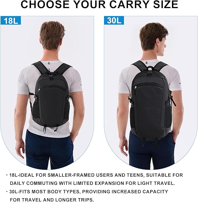 Lightweight Hiking Backpack 18L Packable Foldable Small Daypack Collapsible Travel Bag Water-Resistant for Women Men (Black)