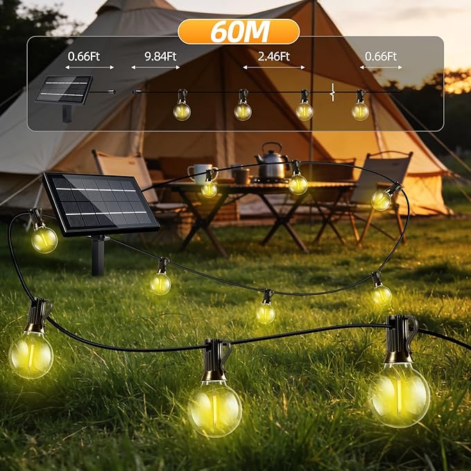 Solar Lights Outdoor Waterproof: G40 60M 200FT Shatterproof Bulbs Patio Lights - Solar Powered 3 Light Modes Solar Light - Camping Backyard Garden Deck Outside Yard