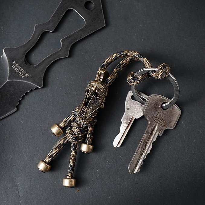 Paracord Keychain with Retro Brass Helmet Bead - Tactical EDC Accessory for Men