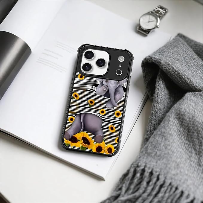 for iPhone 17 Pro Case,for MagSafe Graphic Design for Girl Boy Soft Silicone Hard Acrylic Shock Protection Designed for iPhone 17 Pro Cute Little Elephant Sunflower White Line Art Pattern