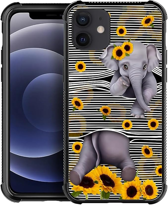 for iPhone 11 Case, Cute Little Elephant Sunflower White Line Art Pattern Graphic Design Girl Boy Soft Silicone Hard Acrylic Shock Protection for iPhone 11