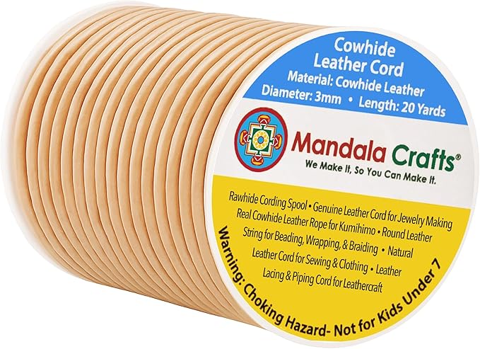 Mandala Crafts Round Genuine Beige Leather Cord for Jewelry Making – 3mm Cowhide Leather Rope String Lace for Kumihimo – 20 Yards Cowhide Craft Cording Spool
