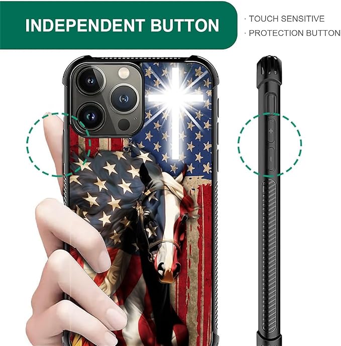 for iPhone 16 Pro Max Case, Red American Flag Horse Cross Pattern Graphic Design Girl Boy Soft Silicone Hard Acrylic Shock Protection for iPhone 16 Pro Max