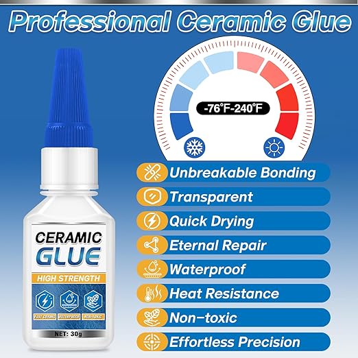 Ceramic Glue Repair Kit, 30g Ceramic Glue for Pottery, Porcelain, Mugs, Dishes, Glass and More, Waterproof & High Temperature Resistant