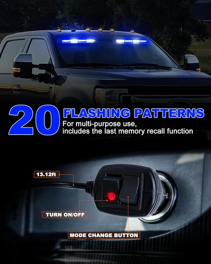 HLauto 6Z4J Emergency Dash Strobe Lights: 2x16.8 inch Blue White Safety Lights, 48 LED Flashing Warning Hazard Interior Windshield Visor Traffic Light Bar for Trucks, Construction Vehicles
