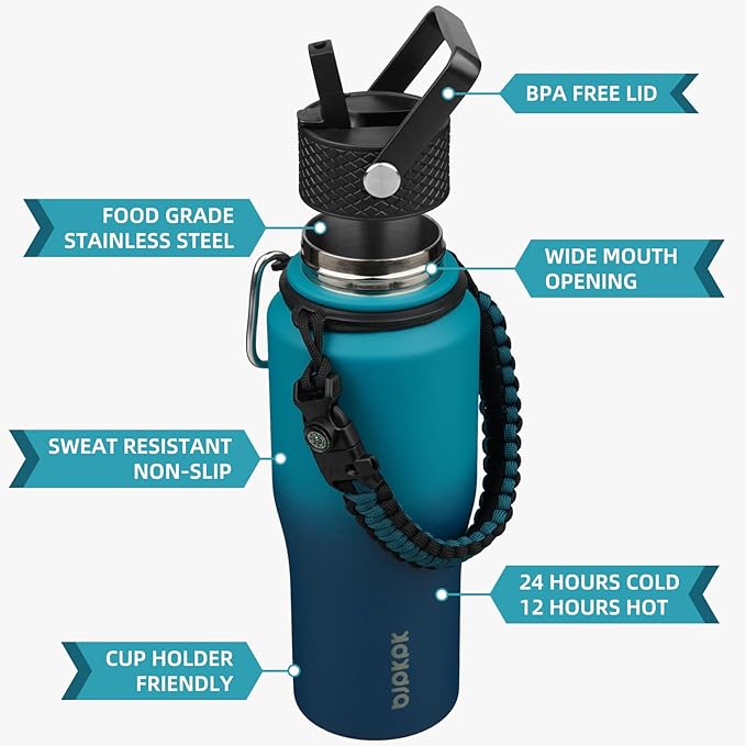 BJPKPK Insulated Water Bottles with Straw Lid, 23oz Metal Water Bottle with 2 lids & Paracord Strap, Double Wall Stainless Steel Vacuum Tumblers, Cups, Mugs, Thermo for Hot& Cold Drinks, Sea