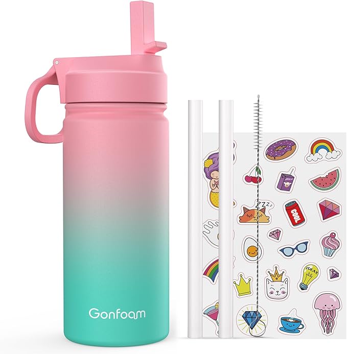 Kids Water Bottle, 16oz Kids Water Bottle with Stickers for School, insulated Stainless Steel Straw Cup(Pink/Green)