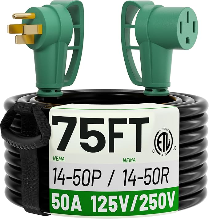 POWGRN NEMA 14-50P to NEMA 14-50R 50 Amp RV/EV Extension Cord 75 FT Outdoor with Grip Handle, Flexible Heavy Duty RV Power Cord Waterproof, 50A 125/250V 6250/12500W STW, Black-Green, ETL Listed