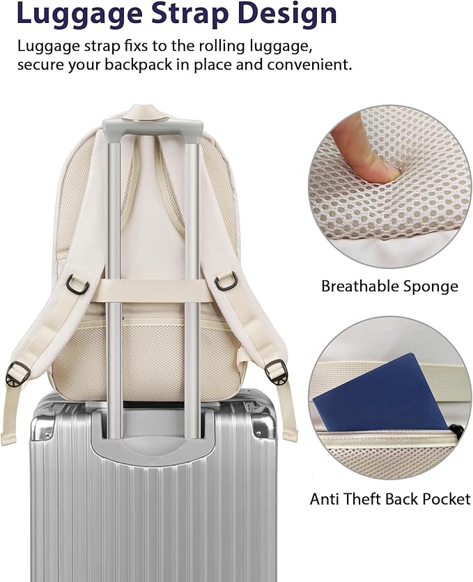 MATEIN Laptop Backpack Women Large Capacity, TSA Travel Backpack with Luggage Strap & Anti Theft Pocket, Water Resistant Teacher College Bookbag Fits 17 Inch Computer, Stylish Beige Work Daypack