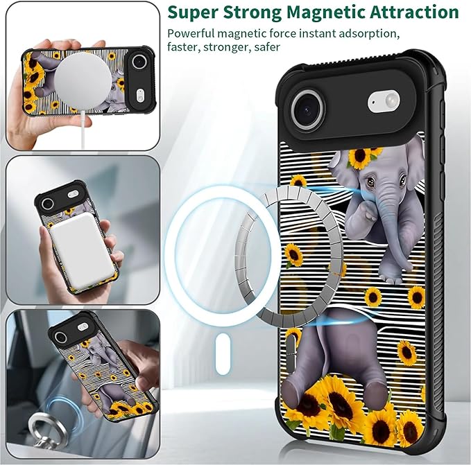 for iPhone 17 Air Case,for MagSafe Graphic Design for Girl Boy Soft Silicone Hard Acrylic Shock Protection Designed for iPhone 17 Air Cute Little Elephant Sunflower White Line Art Pattern
