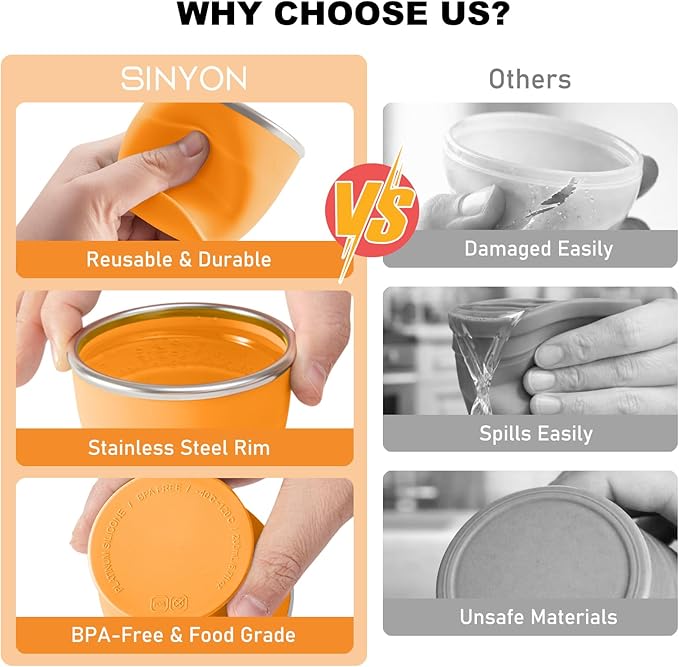 Collapsible Travel Cup, BPA-Free Reusable Water Cup, Lightweight Drinking Cups with Lids and Carrying Strap, Dishwasher Safe Silicone Cups for Camping, Travel, Airports, Hotel (6.7oz, Orange)