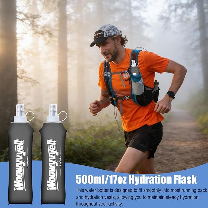 Running Vest Soft Flask, 2PCS BPA-Free 500ml Collapsible Water Bottle for Hydration Backpack, Collapsible Water Bottles for Marathon Hiking Cycling Climbing