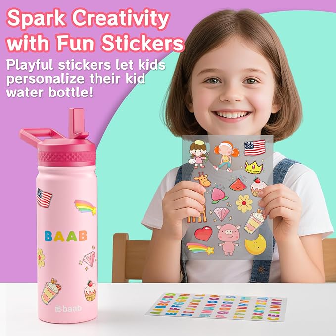 baab 18oz Kids Water Bottle, Insulated Water Bottle with Straw & Stickers, 18/8 Stainless Steel Vacuum Leakproof Kids Water Straw Cup for School, Gift for Boy Girl (Rose Pink+White, 2 Pack)