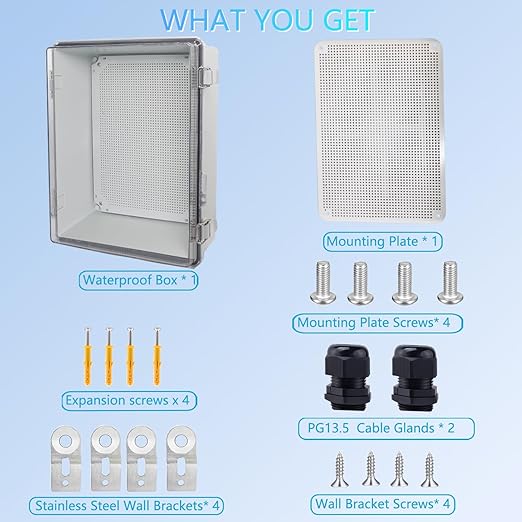 IP67 Waterproof Junction Box, ABS Plastic Electrical Enclosure with Stainless Steel Latch, Hinged Cover Electric Box with Mounting Plate, Wall Brackets & Cable Glands 400x300x180mm