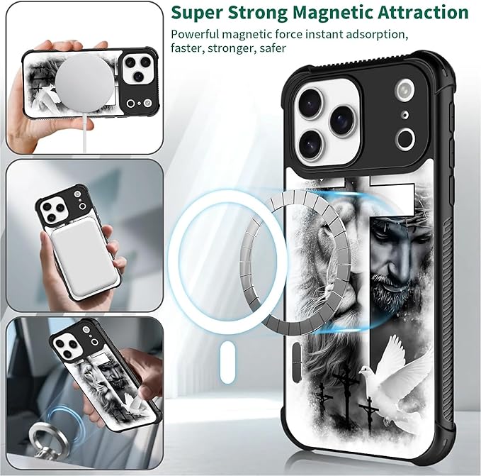 for iPhone 17 Pro Max Case,for MagSafe Graphic Design for Girl Boy Soft Silicone Hard Acrylic Shock Protection Designed for iPhone 17 Pro Max Lion Cross Jesus Christ Dove Pattern