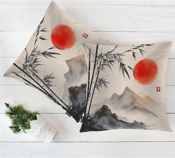 Swono Outdoor Pillow Covers Bamboo, Japanese Bamboo Trees Mountains Red Sun Painting Home Decorative Throw Pillow Case Cushion Cover for Men/Woman/Bed/Sofa/Office/Car, 18x18 Inch 2Pcs Pillow Covers