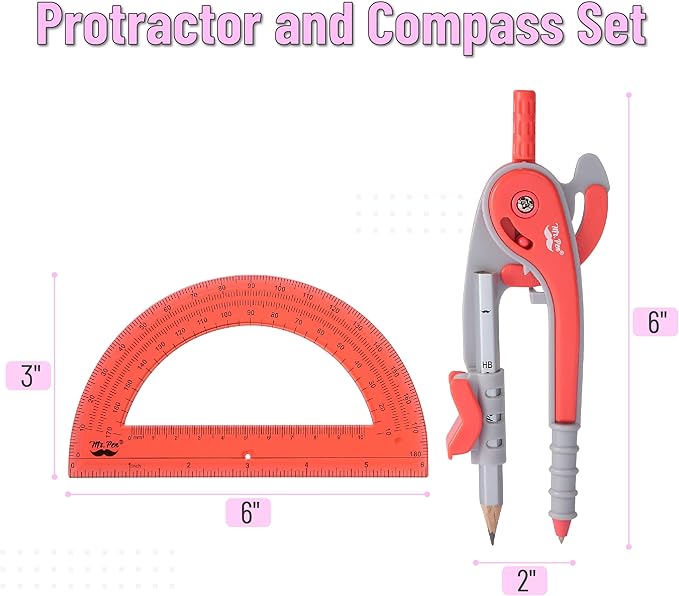 Mr. Pen- Geometry Compass and Protractor Set, 6 Inch Compass, 6 Inch Protractor, Drawing Tool for School, Clear Plastic, Easy Grip, Precision Design for Math, Art, Drafting, Architecture