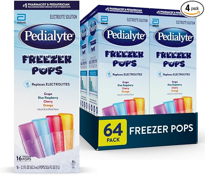 Pedialyte Electrolyte Solution Freezer Pops, Hydration Variety Pack— Grape, Blue Raspberry, Cherry, Orange, Pack of 64