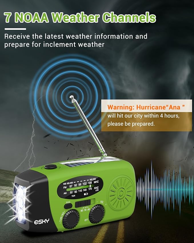 Esky Emergency Hand Crank Radio with 3 LED Flashlight, AM/FM/NOAA Portable Weather Radio with 2000mAh Battery, Solar-Powered USB Rechargeable Radio for Indoor and Outdoor Camping, Green