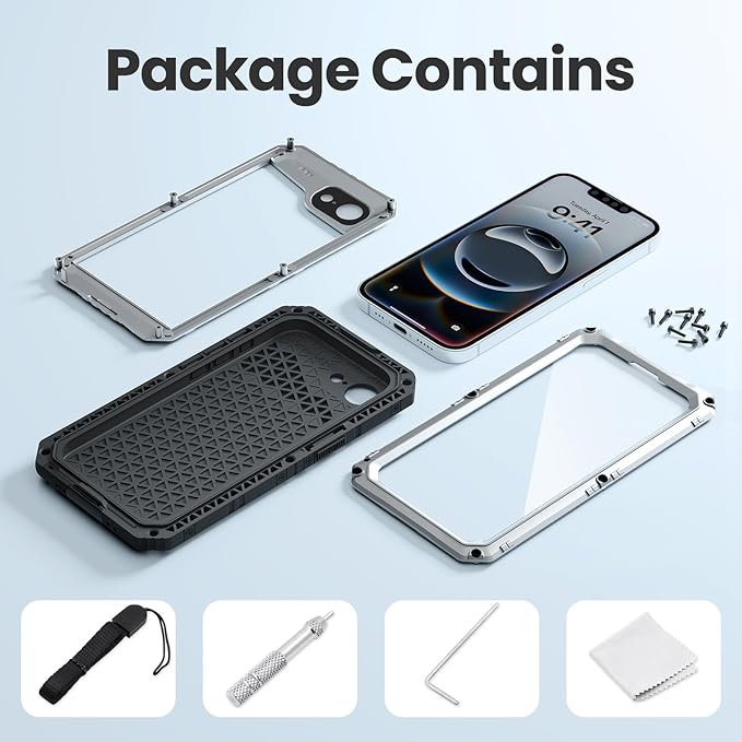 Mitywah Waterproof Case for iPhone 16e and for iPhone 17e, Shockproof Heavy Duty Case with Built-in Screen Protector, Underwater Full Body Protective Metal Case 6.1 inch, Silver