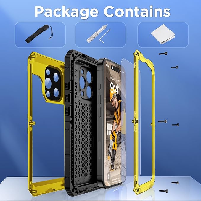 Mitywah Waterproof Case for iPhone 16 Pro, Shockproof Heavy Duty Case with Built-in Screen Protector, Underwater Full Body Protective Metal Case 6.3 inch, Yellow