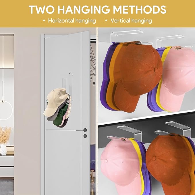 4 Pack Acrylic Hat Organizer,Hat Rack for Baseball Cap,Adhesive Hat Hooks for Wall,Sticky Clear Hat Hooks Display and Storage for Wall/Door/Closet