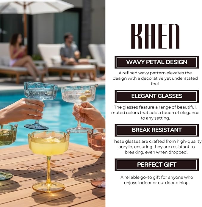 Khen Shatterproof Acrylic Flower Wavy Vintage Art Deco Martini, Champagne & Cocktail Muted Pastel Color Plastic Tritan Coupe Glasses | 6 Set | 8.5oz Glassware Classic Cocktail Indoor & Outdoor Set