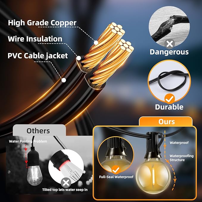 Solar Lights Outdoor Waterproof: G40 15M 50FT Shatterproof Bulbs Patio Lights - Solar Powered 3 Light Modes Solar Light - Camping Backyard Garden Deck Outside Yard