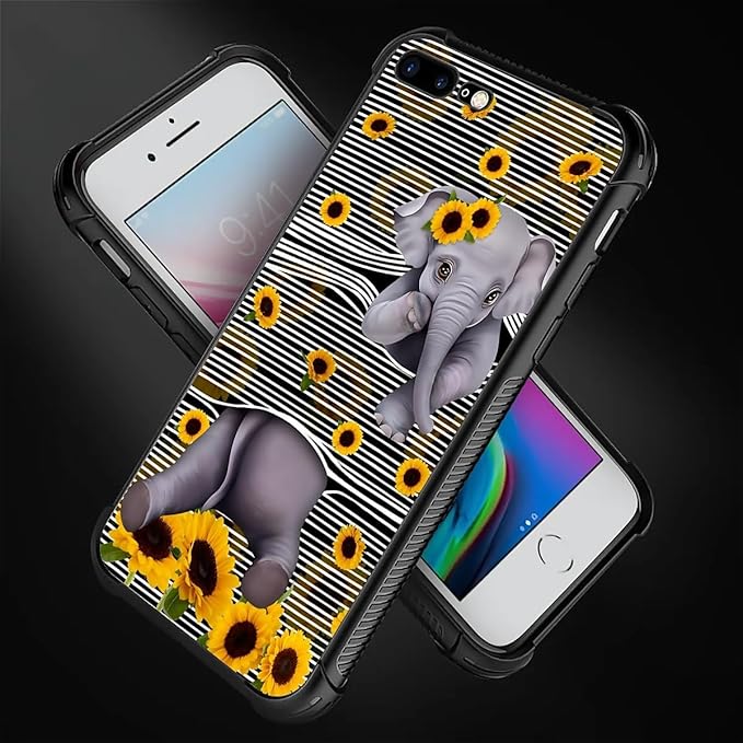 for iPhone 7/8 Case, Cute Little Elephant Sunflower White Line Art Pattern Made of Soft Silicone Hard Acrylic Shock Protection for iPhone 7/8