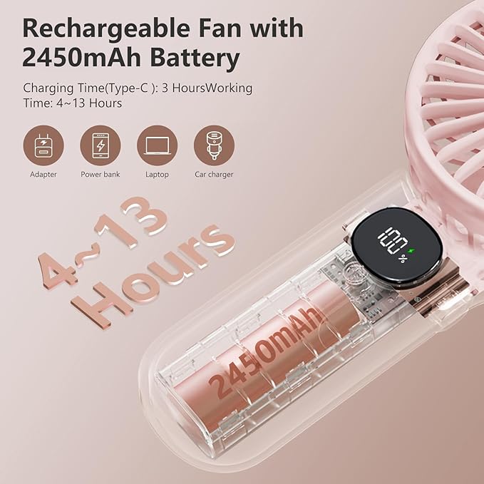 Portable Fan, 2-Pack Rechargeable Handheld Fans with 12H Battery, 5-Speed 180° Foldable USB Fan, Cooling Face Fan with Lanyard for Makeup & Travel, Camping, Hiking -Pink & Purple