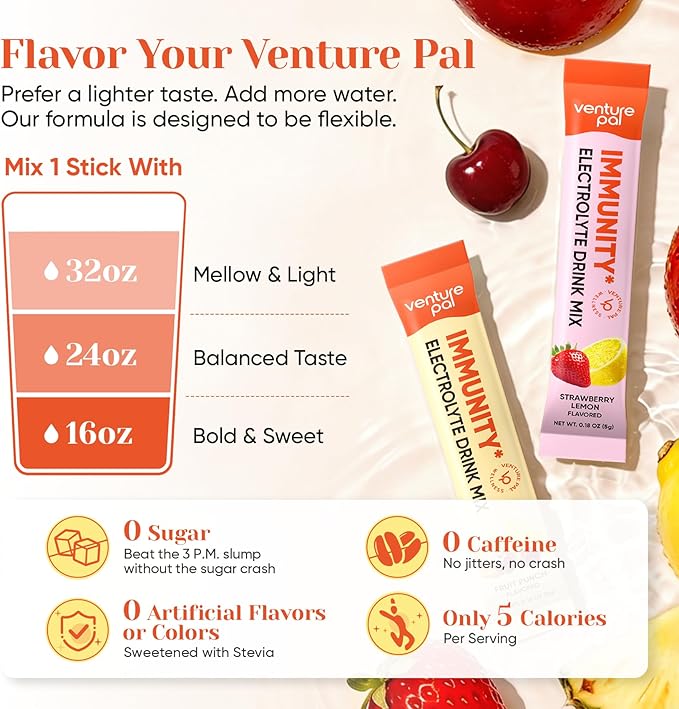 Venture Pal 2-in-1 Hydration + Immune Electrolytes Powder Packets with 7 Electrolytes & 6 Vitamins, Elderberry, Turmeric, Echinacea | Liquid Daily IV Drink Mix | Sugar Free | Keto Friendly, 16 Sticks