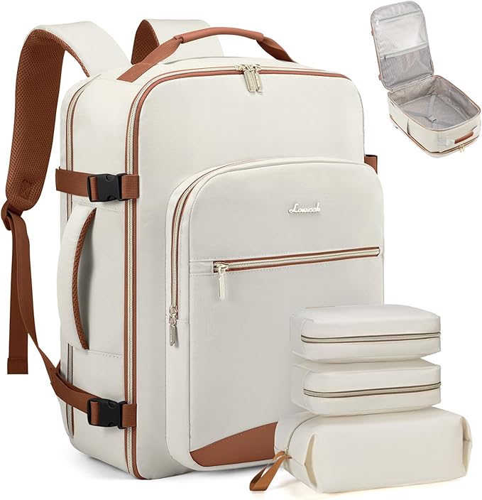 LOVEVOOK Travel Backpack for Women & Men 40L,Airline Approved Carry On Backpack Travel Essentials,TSA Carry on Luggage,Waterproof Personal Item Travel Bag,Suitcase with 3 Packing Cubes,Beige-Brown