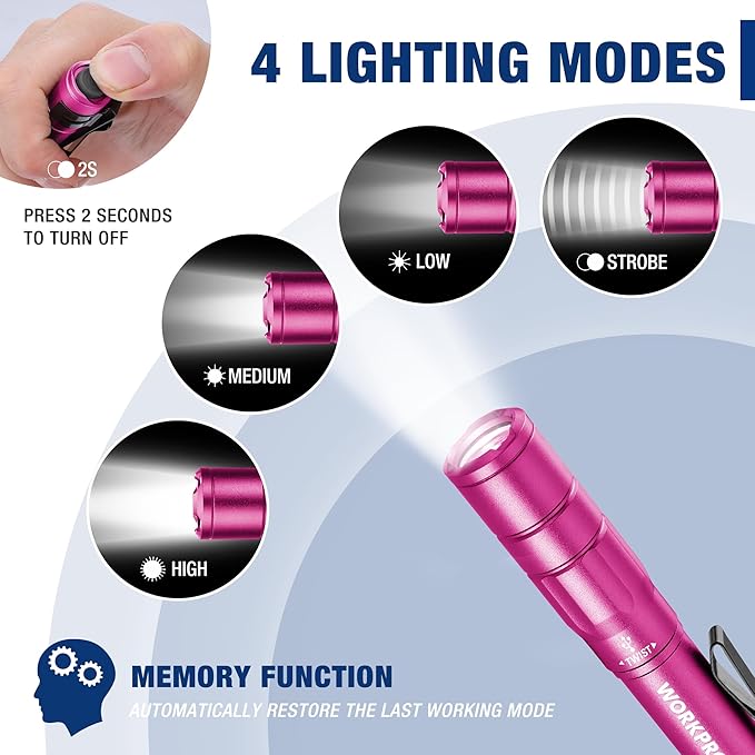 WORKPRO Rechargeable Pen Light, Mini Flashlight, 2 Pack Ultra-Compact EDC Flashlight, Pocket Flashlight with Clip, Memory Function and 2 x USB C Cable Included, Pink