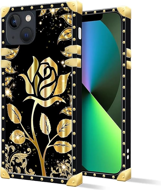 Compatible with iPhone 13 Case, Shine Gold Rose Luxury Golden Decoration for Girl Women Soft TPU Shockproof Protective Hard PC Back for iPhone 13