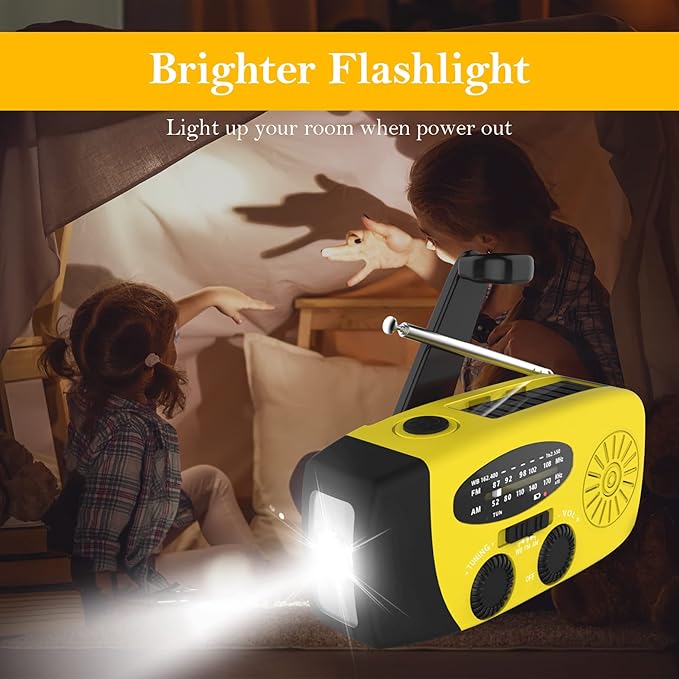 Emergency Hand Crank Radio with LED Flashlight for Emergency, AM/FM Portable Weather Radio with 2000mAh Power Bank Phone Charger, USB Charged & Solar Power for Camping, Emergency(Yellow)