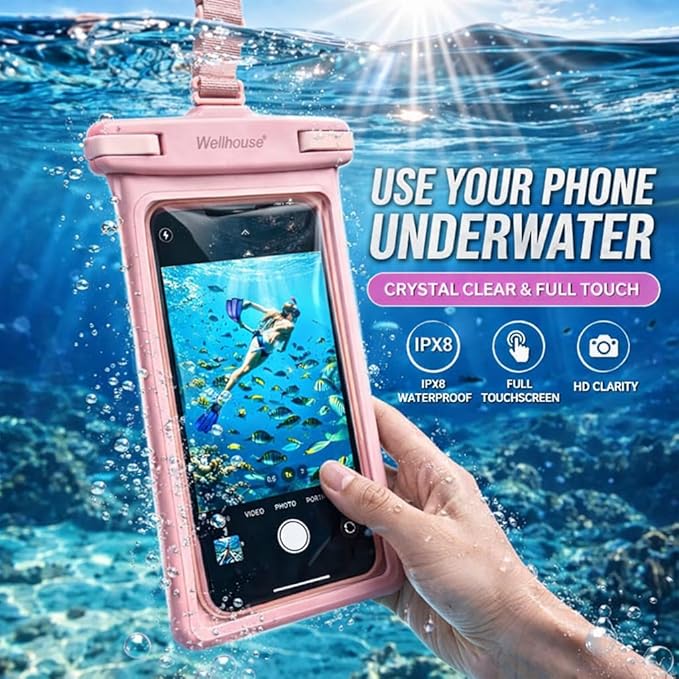 wellhouse 3D Waterproof Phone Pouch with Lanyard,Premium TPU100FT Deep Waterproof Phone Case for iPhone 17 16 15 14 13 12 Pro Max XS Samsung,Snorkeling, Surfing, Kayaking,Skiing,Hot Springs
