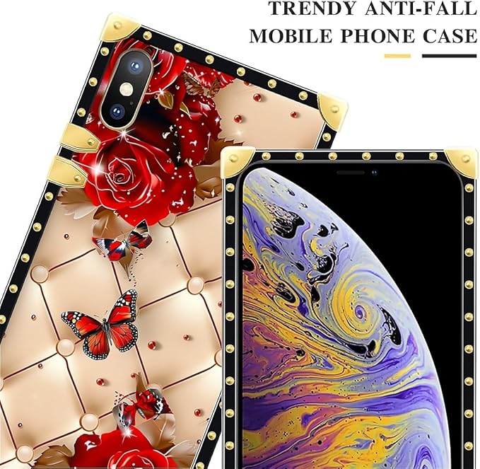 Compatible with iPhone Xs Max Case, Shining Red Rose Butterfly Leather Background Luxury Golden Decoration for Girl Women Soft TPU Shockproof Protective Hard PC Back for iPhone Xs Max