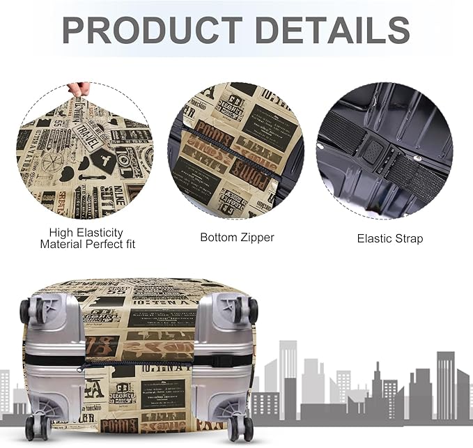 ANNA QUEEN Vintage Travel Collage Luggage Cover, Retro Suitcase Protector, Stretchable Washable Cover for 32-34 Inch Luggage