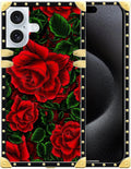 Compatible with iPhone 16 Plus Case, Vector Red Rose Green Leaf Luxury Golden Decoration for Girl Women Soft TPU Shockproof Protective Hard PC Back
