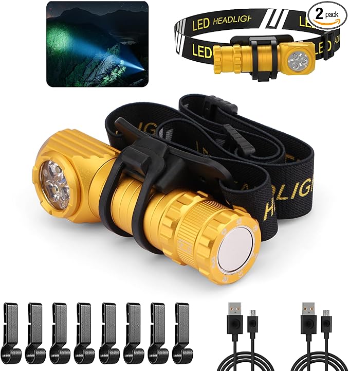 High Lumens LED Rechargeable Headlamp for Adults - Hard Hat Light Running Head Lamp with Red Light, Magnet, 180° Tilt, 7 Modes, Detachable Flashlight & Headband, Outdoor, Emergency 2PC, Gold