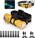 High Lumens LED Rechargeable Headlamp for Adults - Hard Hat Light Running Head Lamp with Red Light, Magnet, 180° Tilt, 7 Modes, Detachable Flashlight & Headband, Outdoor, Emergency 2PC, Gold
