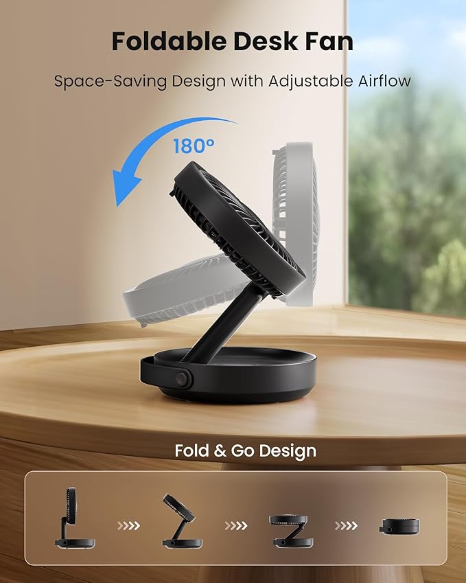 Gaiatop Foldable Small Desk Fan with LED Night Light, Wireless 6000mAh Battery Powered Portable Fan USB Rechargeable, Bedroom Office Dorm Travel Camping Cruise Essentials, Gifts for Women Men, Black