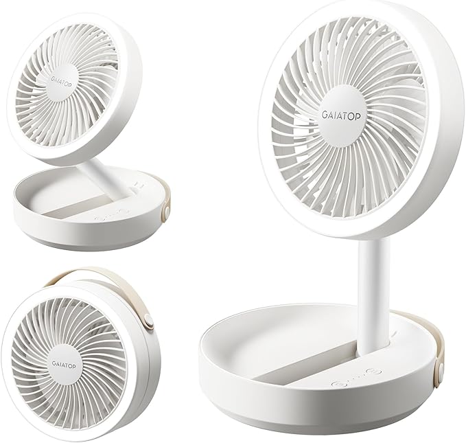Gaiatop Foldable Small Desk Fan with LED Night Light, 6.8in Wireless 6000mAh Battery Powered Portable Fan USB Rechargeable, Bedroom Office Dorm Camping Travel Cruise Essentials, Gifts for Women Men