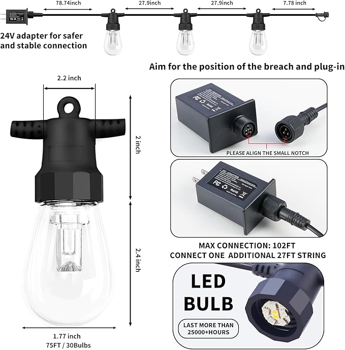 CAWWS Outdoor String Lights 75FT, Outdoor Lights for Patio with 30 Dimmable RGBW LED Bulbs, IP66 Waterproof Shatterproof, with APP Control & Remote, 24V Adapter Color Change,for Backyard Decor
